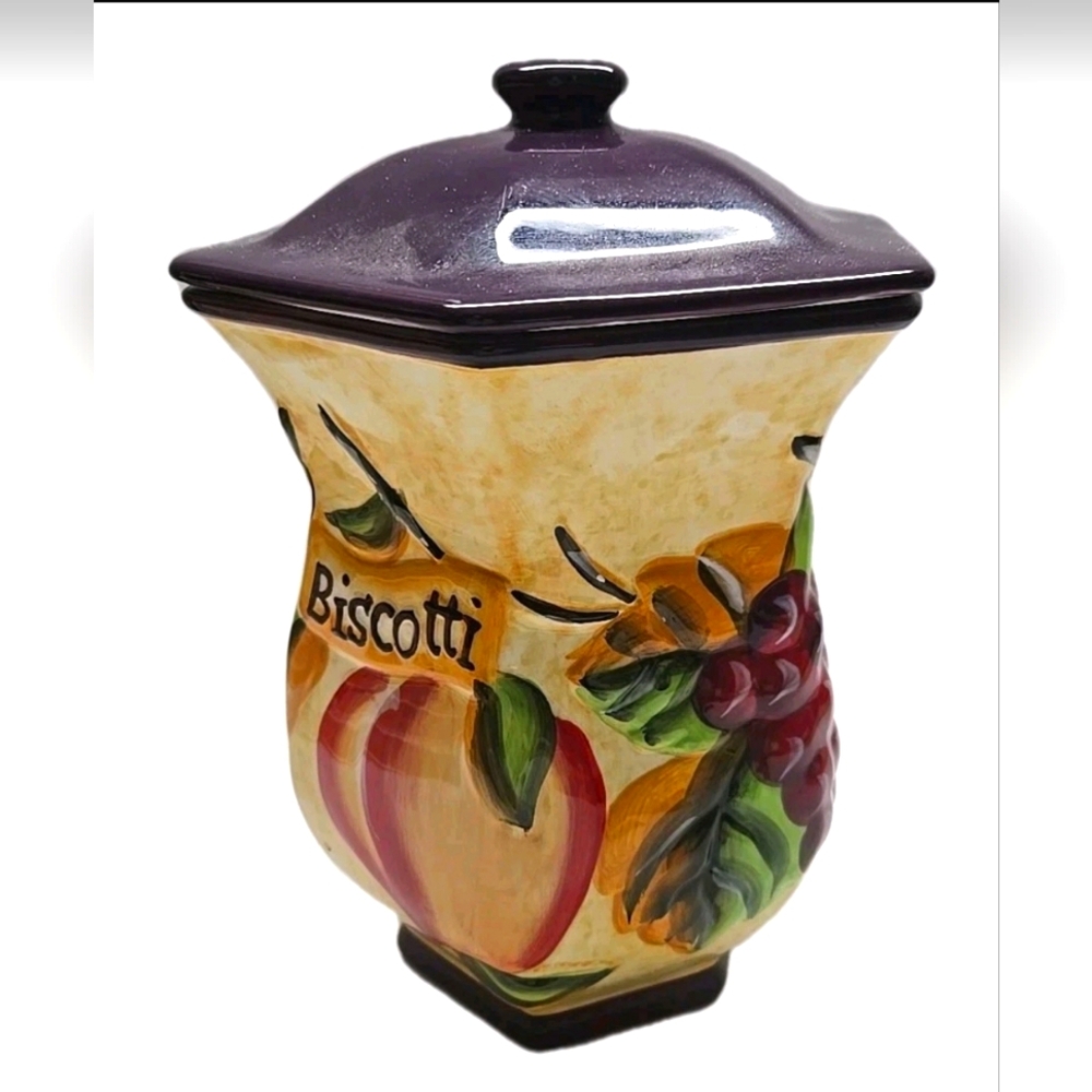 Cookie Jar Canister Hand Painted Fruit 10in Yellow And Purple